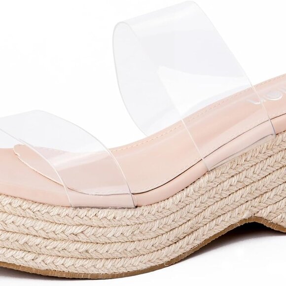 Women Slip On Espadrille Sandals Nude Size 8 Clear Strap Cushioned Wedges - Picture 2 of 8